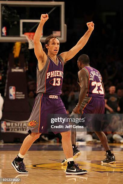 Steve Nash of the Phoenix Suns reacts after Jason Richardson tied the game in the final seconds of Game Five of the Western Conference Finals against...