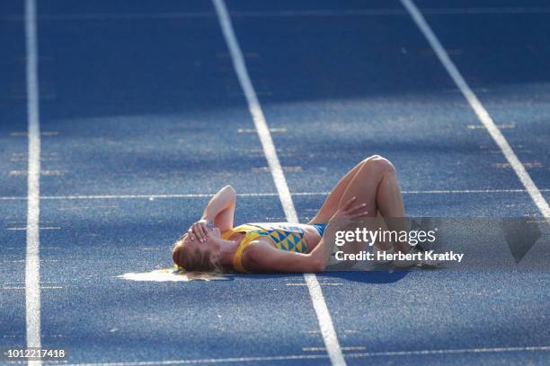 Hrystyna Stuy of Ukraine hurts herself in heat 1 of the 100m women qualification at Olympiastadion on August 6, 2018 in Berlin, Germany.