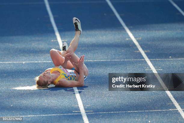 Hrystyna Stuy of Ukraine hurts herself in heat 1 of the 100m women qualification at Olympiastadion on August 6, 2018 in Berlin, Germany.