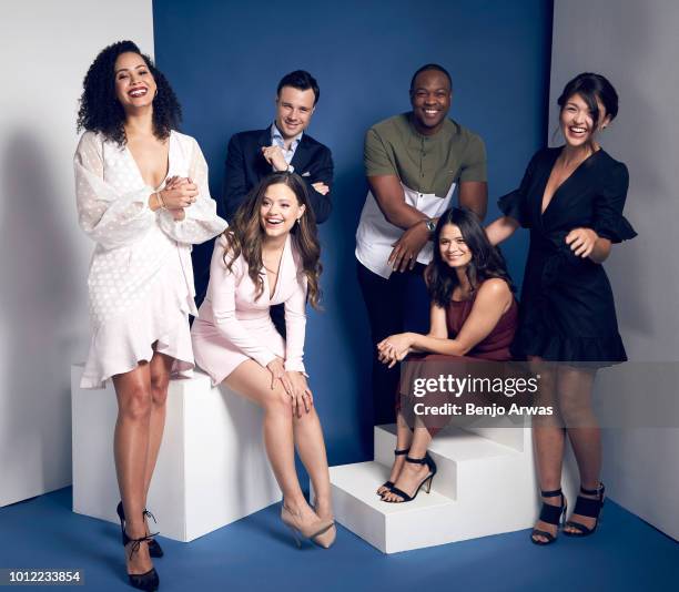 Actors Madeleine Mantock, Sarah Jeffery, Rupert Evans, Ser'Darius Blain, Melonie Diaz, and Ellen Tamaki of CW's 'Charmed' pose for a portrait during...