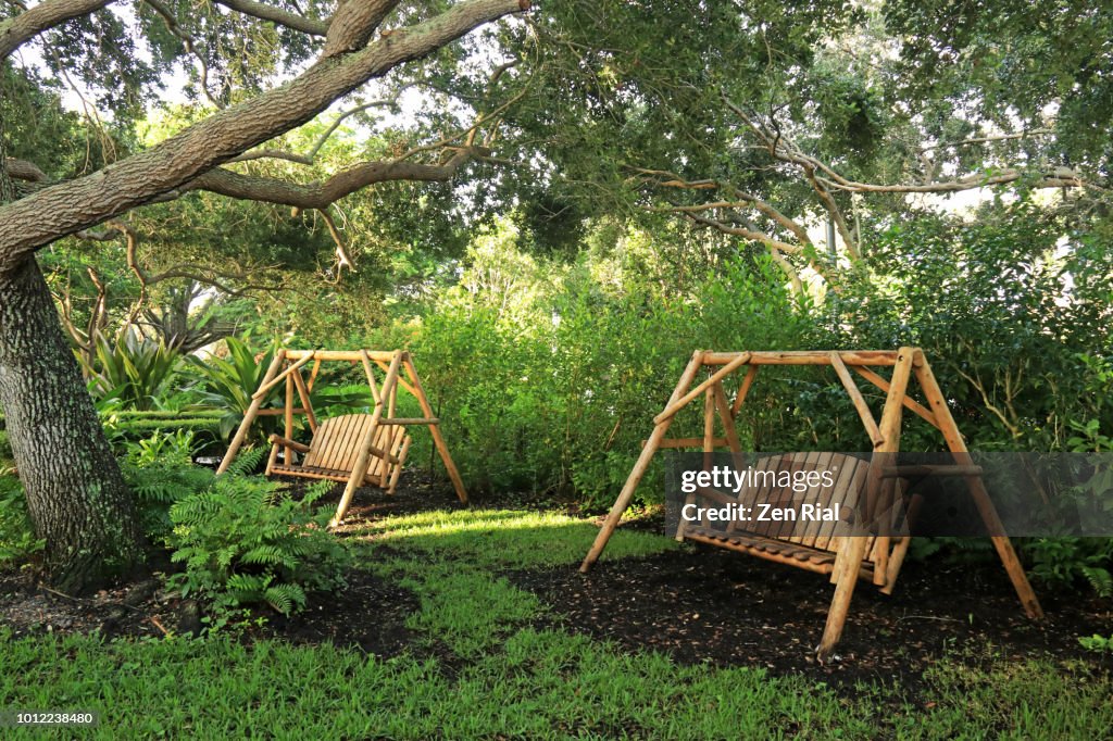 Free standing wood bench swings under a Florida oak tree