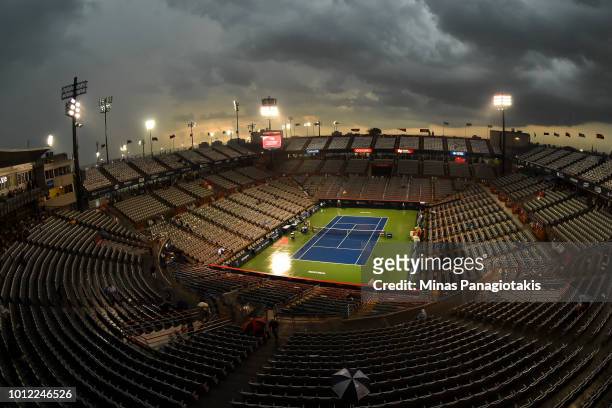 Thunderstorm causes a game stoppage on centre court during day one of the Rogers Cup at IGA Stadium on August 6, 2018 in Montreal, Quebec, Canada.