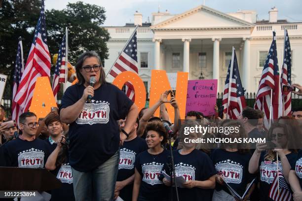 Comedian Rosie O'Donnell addresses a protest against US President Donald Trump in front of the White House in Washington, DC, on August 6, 2018.