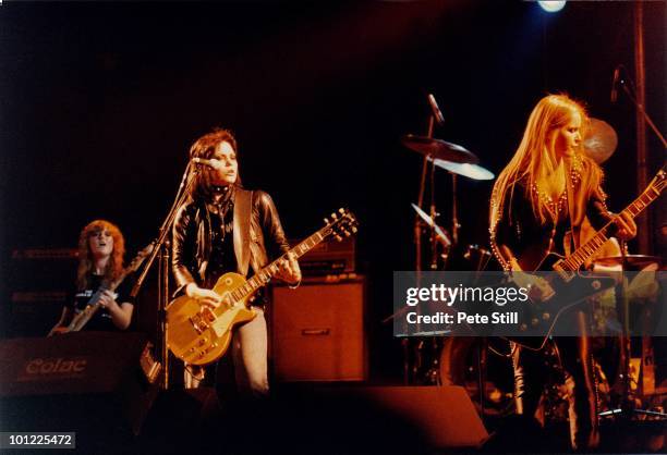 Vicki Blue, Joan Jett, Lita Ford and drummer Sandy West of The Runaways perform on stage at Hammersmith Odeon on November 13th, 1977 in London,...