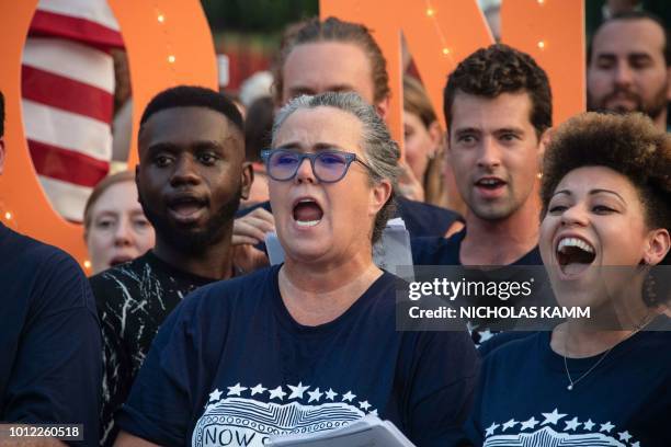 Comedian Rosie O'Donnell, along with other Broadway performers, sing during a protest against US President Donald Trump in front of the White House...