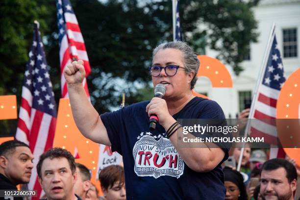 Comedian Rosie O'Donnell addresses a protest against US President Donald Trump in front of the White House in Washington, DC, on August 6, 2018.