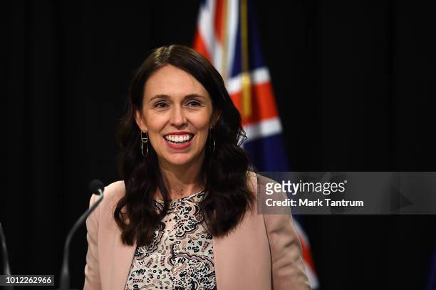 Prime Minister Jacinda Ardern announces a nurses pay settlement during a press conference at Parliament on August 7, 2018 in Wellington, New Zealand....