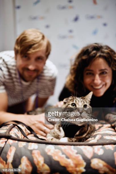 Author Mick Szydlowski, Klaus of Oskar & Klaus and author Gwen Cooper seen during a meet and greet at CatCon Worldwide 2018 at Pasadena Convention...