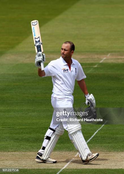 Jonathan Trott of England celebrates as he reaches his double century during day two of the 1st npower Test between England and Bangladesh at Lords...