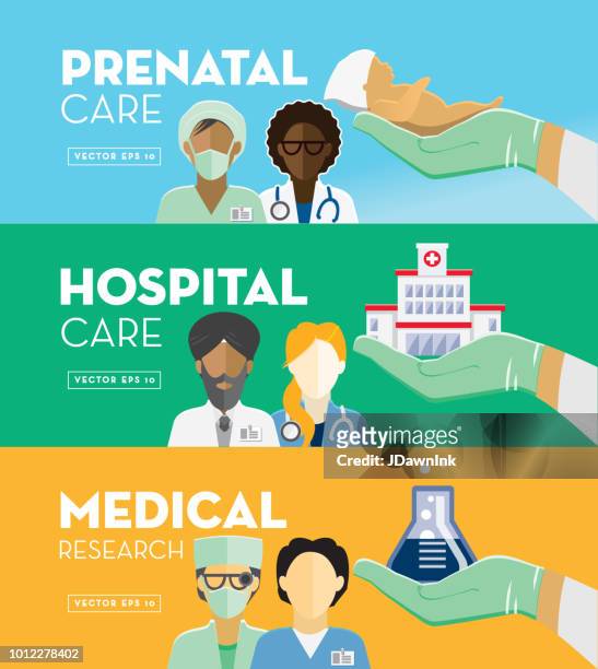 healthcare and medicine services flat design banner themed icon set with shadow - obstetrician stock illustrations