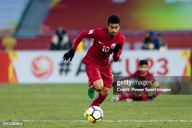 Akram Afif of Qatar in action during the AFC U23 Championship China 2018 Semi Finals match between Qatar and Vietnam at Changzhou Olympic Sports...