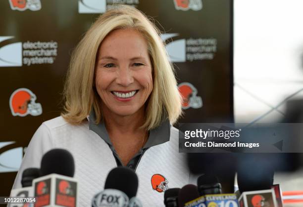 Owner Dee Haslam of the Cleveland Browns answers questions from the media prior to a training camp practice on July 28, 2018 at the Cleveland Browns...