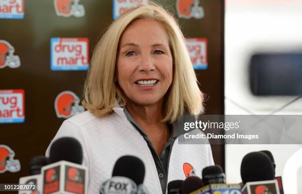 Owner Dee Haslam of the Cleveland Browns answers questions from the media prior to a training camp practice on July 28, 2018 at the Cleveland Browns...