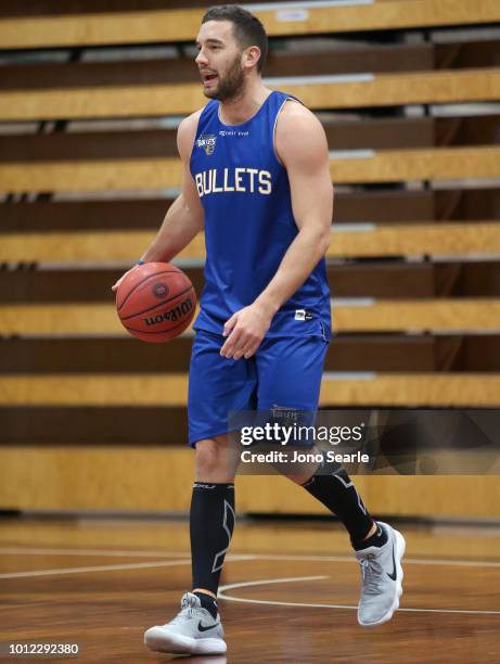 Bullets player Adam Gibson yells out during a Brisbane Bullets NBL training session on August 7, 2018 in Brisbane, Australia.