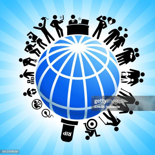 blue globe wireframe on human life cycle background - different generations working stock illustrations