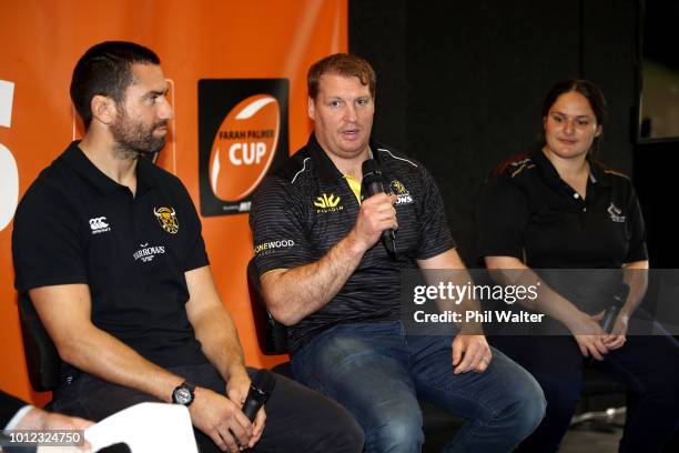 Thomas Waldrom from Wellington speaks during the Mitre 10 Cup Season Launch at the Eden Park Rugby Club on August 7, 2018 in Auckland, New Zealand.