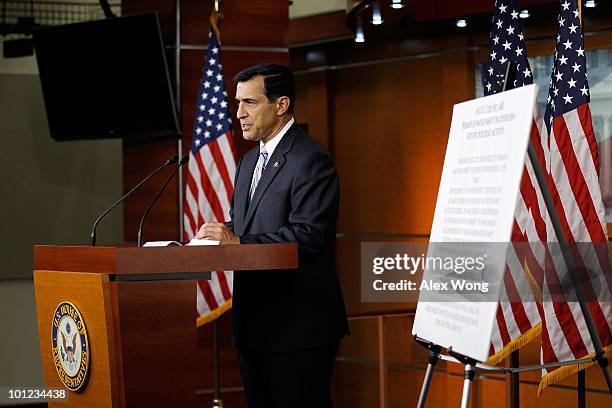 Rep. Darrell Issa speaks to the media during a news conference May 28, 2010 on Capitol Hill in Washington, DC. Issa spoke on the allegation about the...