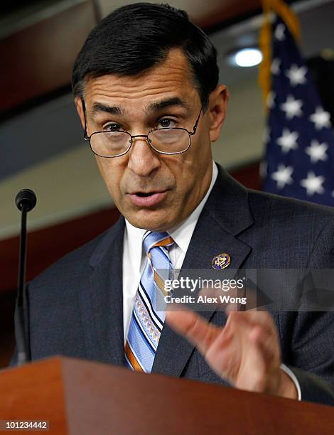 Rep. Darrell Issa speaks to the media during a news conference May 28, 2010 on Capitol Hill in Washington, DC. Issa spoke on the allegation about the...