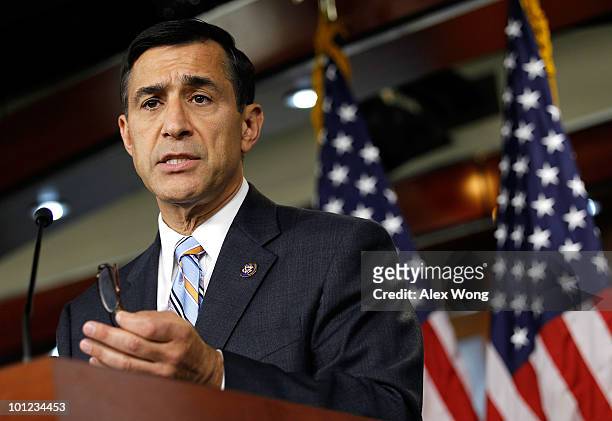 Rep. Darrell Issa speaks to the media during a news conference May 28, 2010 on Capitol Hill in Washington, DC. Issa spoke on the allegation about the...
