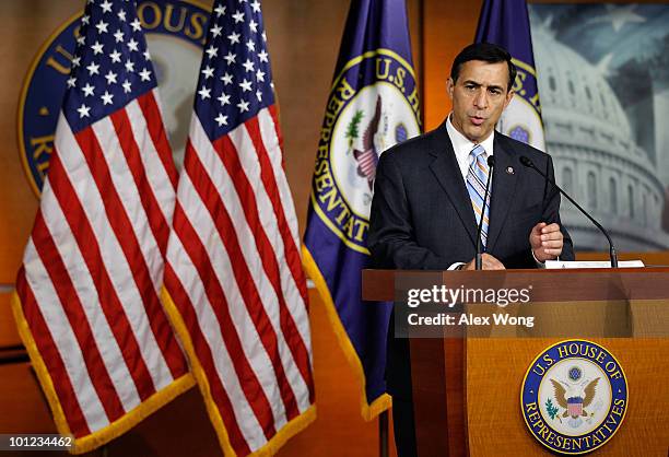 Rep. Darrell Issa speaks to the media during a news conference May 28, 2010 on Capitol Hill in Washington, DC. Issa spoke on the allegation about the...