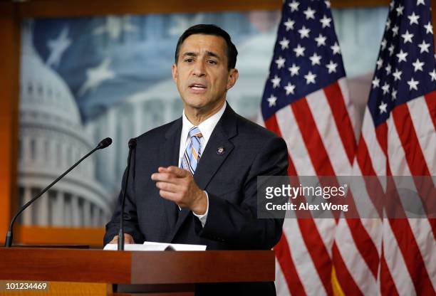 Rep. Darrell Issa speaks to the media during a news conference May 28, 2010 on Capitol Hill in Washington, DC. Issa spoke on the allegation about the...