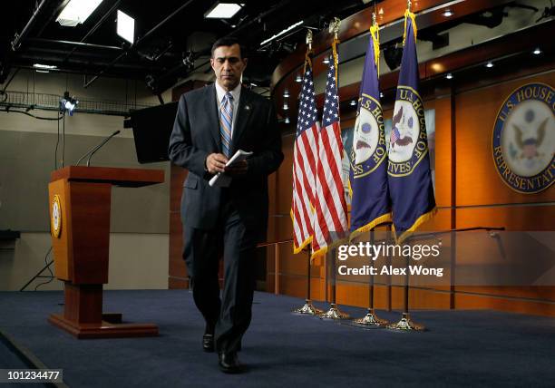 Rep. Darrell Issa leaves after a news conference May 28, 2010 on Capitol Hill in Washington, DC. Issa spoke on the allegation about the job offer by...