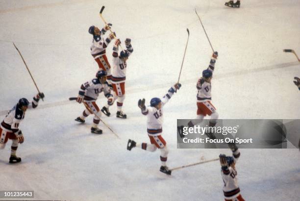 United States Olympic Hockey players jump with jubilation after beating the Soviet Union hockey team in the semi-finals hockey game February 22, 1980...