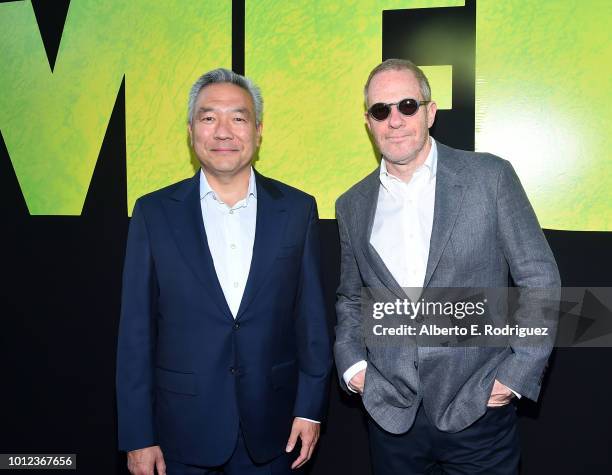 Kevin Tsujihara and Toby Emmerich attend the premiere of Warner Bros. Pictures And Gravity Pictures' "The Meg" at TCL Chinese Theatre IMAX on August...