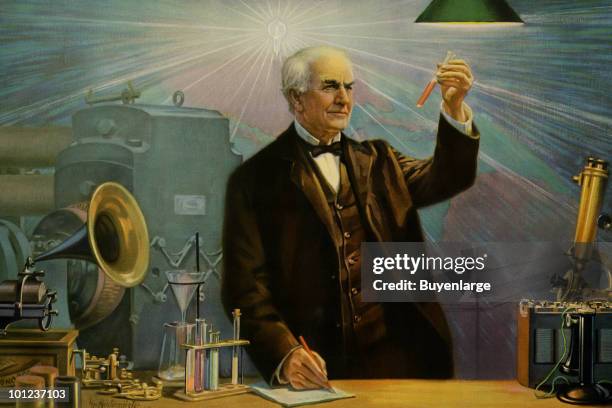 The great American inventor Thomas Edison is surrounded by his creations.