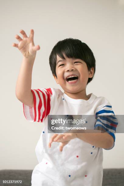 playful east asian young boy portrait. - cat reaching stock pictures, royalty-free photos & images