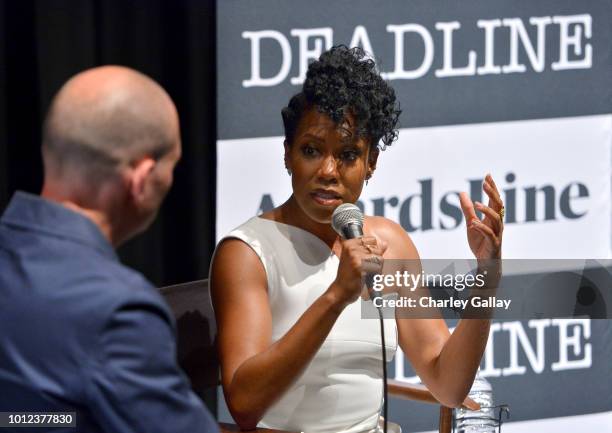 Deadline's Dominic Patten and Regina King speak at 'Seven Seconds' Deadline Contenders Screening at The Landmark on August 6, 2018 in Los Angeles,...