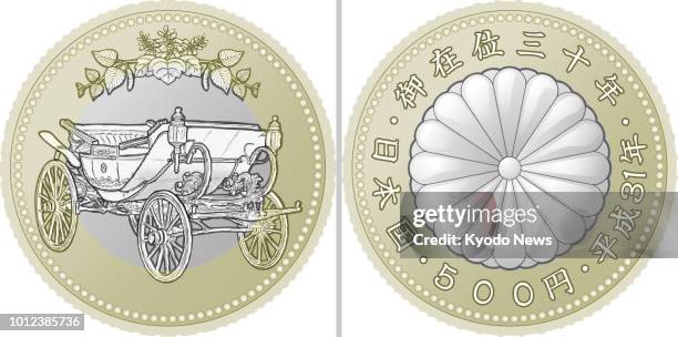 Images showing the front and back of a 500-yen copper coin to be issued in commemoration of Japanese Emperor Akihito's 30th year on the throne. The...