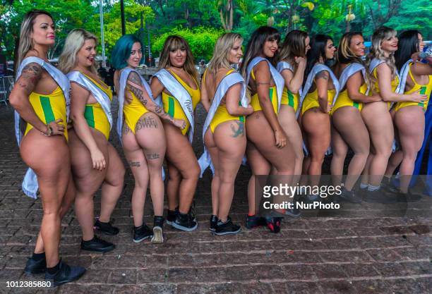 Models wearing bikinis perform at Paulista Avenue in Sao Paulo, Brazil on August 6 to promote the Miss Bumbum Brazil 2018 pageant.