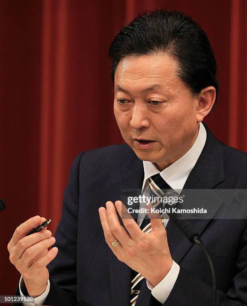 Japanese Prime Minister Yukio Hatoyama speaks during a press conference at his official residence on May 28, 2010 in Tokyo, Japan. Japan and U.S....