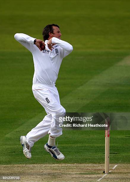 Graeme Swann of England bowls a delivery during day two of the 1st npower Test between England and Bangladesh at Lords on May 28, 2010 in London,...