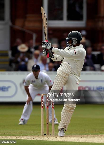 Tamim Iqbal of Bangladesh hits out during day two of the 1st npower Test between England and Bangladesh played at Lords on May 28, 2010 in London,...