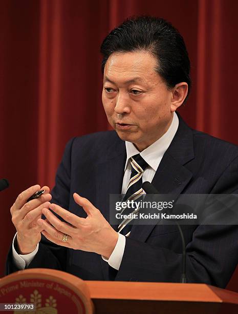 Japanese Prime Minister Yukio Hatoyama speaks during a press conference at his official residence on May 28, 2010 in Tokyo, Japan. Japan and U.S....
