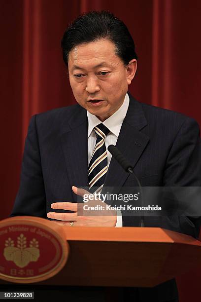 Japanese Prime Minister Yukio Hatoyama speaks during a press conference at his official residence on May 28, 2010 in Tokyo, Japan. Japan and U.S....