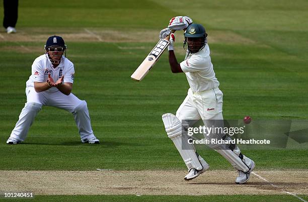 Imrul Kayes of Bangladesh cuts the ball away during day two of the 1st npower Test between England and Bangladesh at Lords on May 28, 2010 in London,...