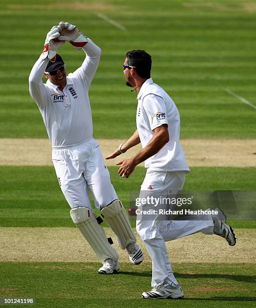 Kevin Pietersen of England celebrates as he runs out Tamim Iqbal of Bangladesh with a direct hit during day two of the 1st npower Test between...