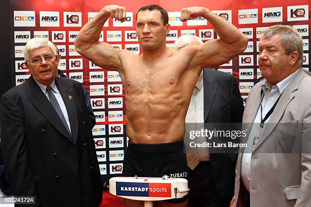 Albert Sosnowski of Poland poses during the weigh in at Limbecker Platz on May 28, 2010 in Essen, Germany. The WBC Heavyweight World Championship...