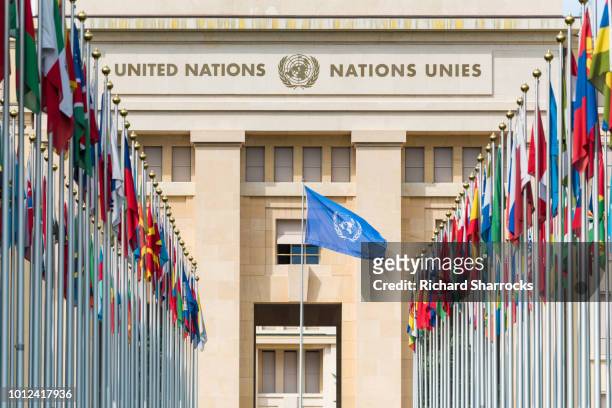 united nations headquarters, geneva, switzerland - drapeau des nations unies photos et images de collection
