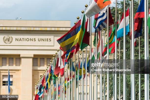 united nations headquarters, geneva, switzerland - drapeau des nations unies photos et images de collection