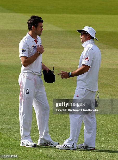 England Captain Andrew Strauss talks with James Anderson during day two of the 1st npower Test between England and Bangladesh at Lords on May 28,...