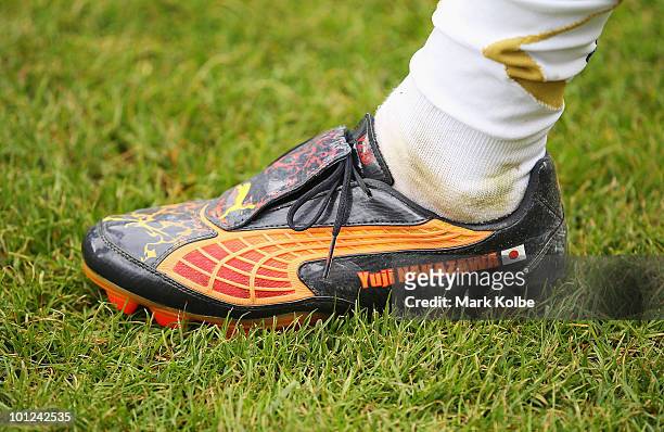 The boot of Yuji Nakazawa is seen during a Japan training session at Saas-Fee Stadium on May 28, 2010 in Saas-Fee, Switzerland.