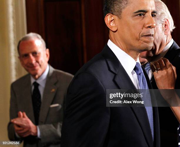 President Barack Obama and Sen. Arlen Specter attend a reception in honor of Jewish American Heritage Month May 27, 2010 in the East Room of the...