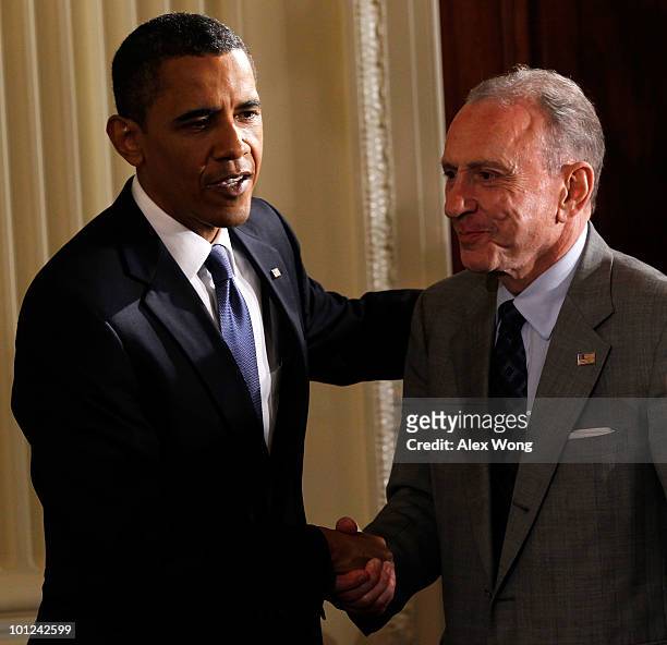 President Barack Obama greets Sen. Arlen Specter during a reception in honor of Jewish American Heritage Month May 27, 2010 in the East Room of the...