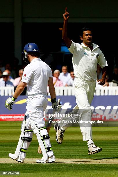 Shahadat Hossain of Bangladesh celebrates taking the wicket of Eoin Morgan during day 2 of the 1st npower Test between England and Bangladesh played...