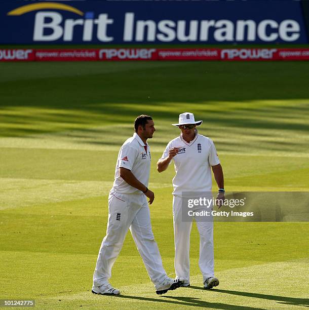 England Captain Andrew Strauss talks with Tim Bresnan during day two of the 1st npower Test between England and Bangladesh at Lords on May 28, 2010...