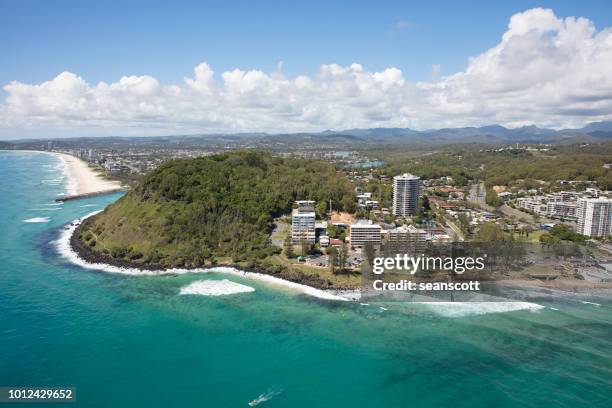 aerial view of burleigh heads, gold coast, queensland, australia - australian coastline stock pictures, royalty-free photos & images